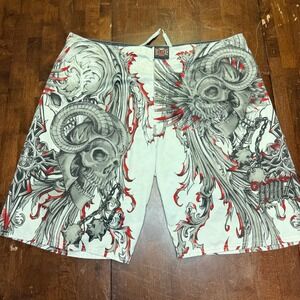 MMA Elite Board Shorts Mens XL White Red Skull Graphic Swim Trunks Edgy MMAE-100